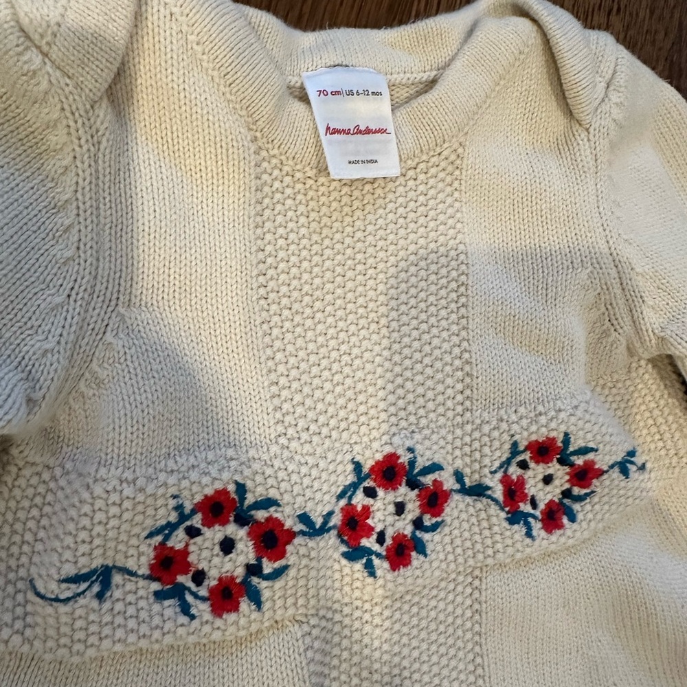 Hanna Andersson Cream Knit Dress with Red Floral Embroidery